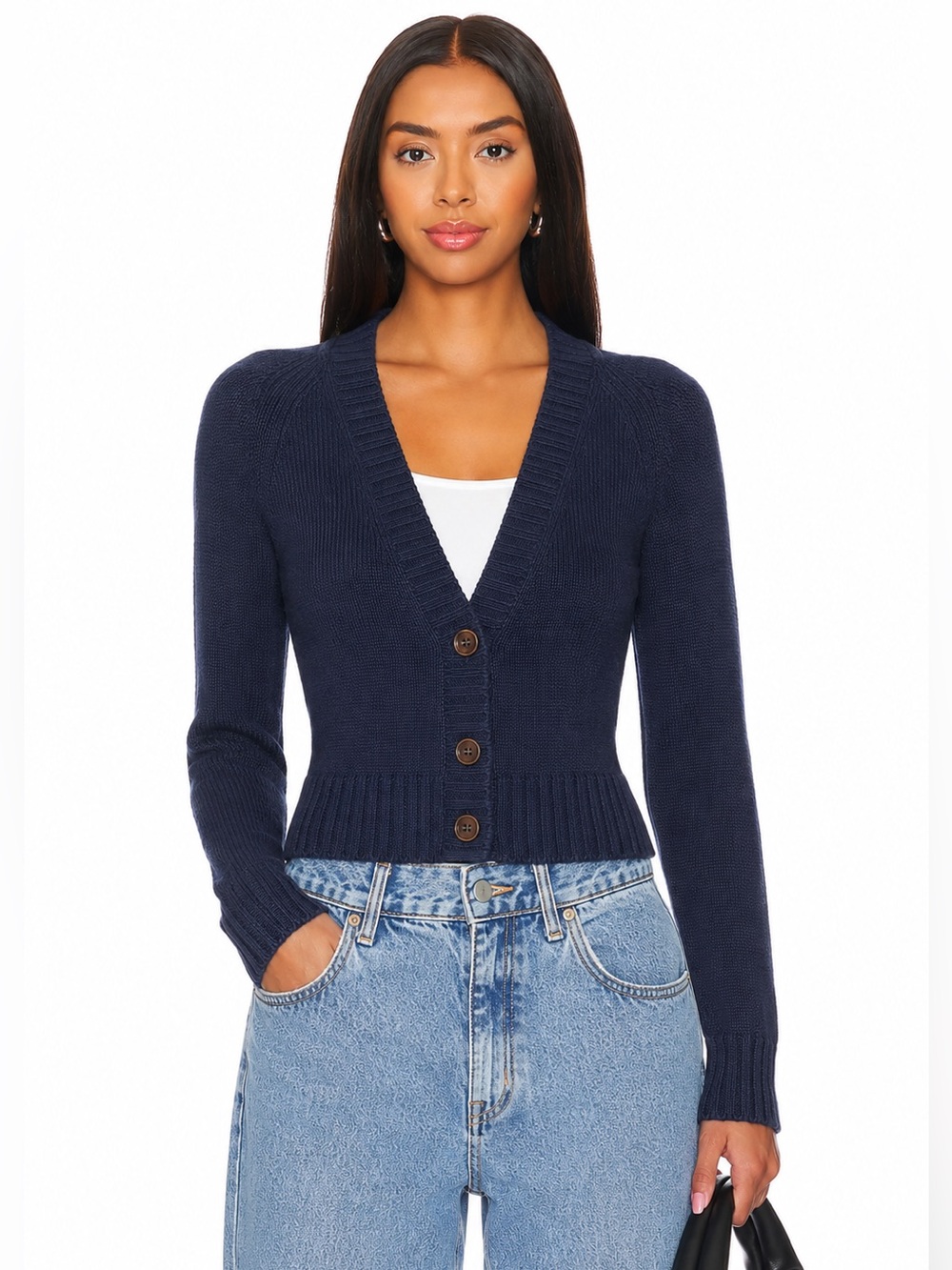 525 America Navy Cropped Cardigan XS Cotton Knit Fitted Button Front